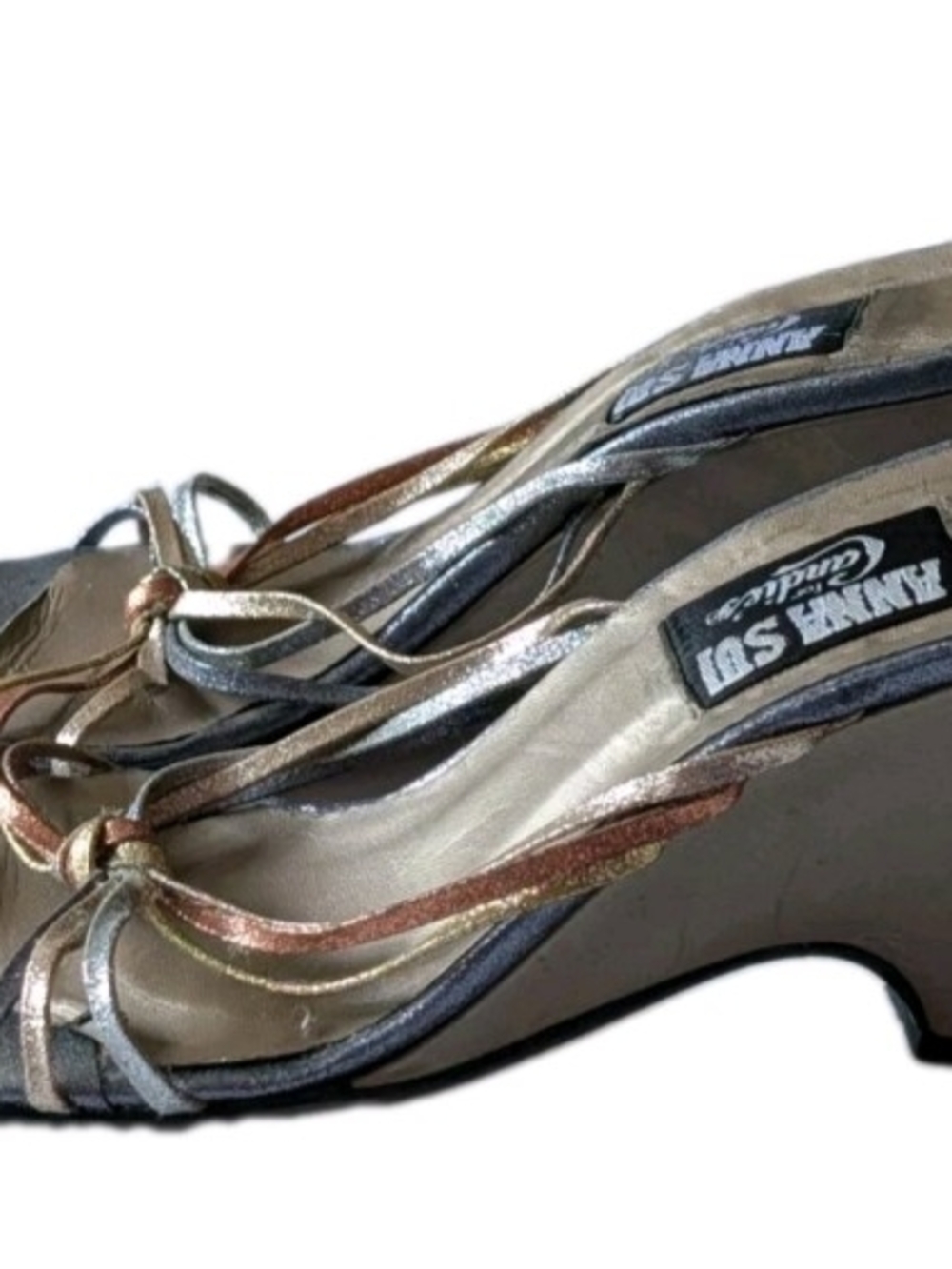 Rare Vintage Y2K Anna Sui For Candie's Metallic Strappy Wedge Slide Sandals